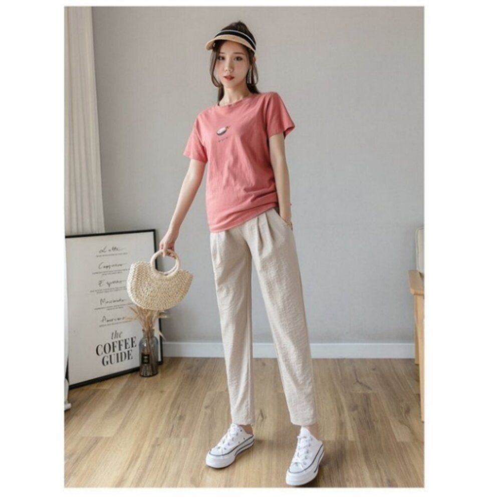 【P9004】 春夏 棉麻 托腹褲 純色 哈倫褲 M-XXL 孕婦 高腰 托腹褲 九分褲-圖片-7