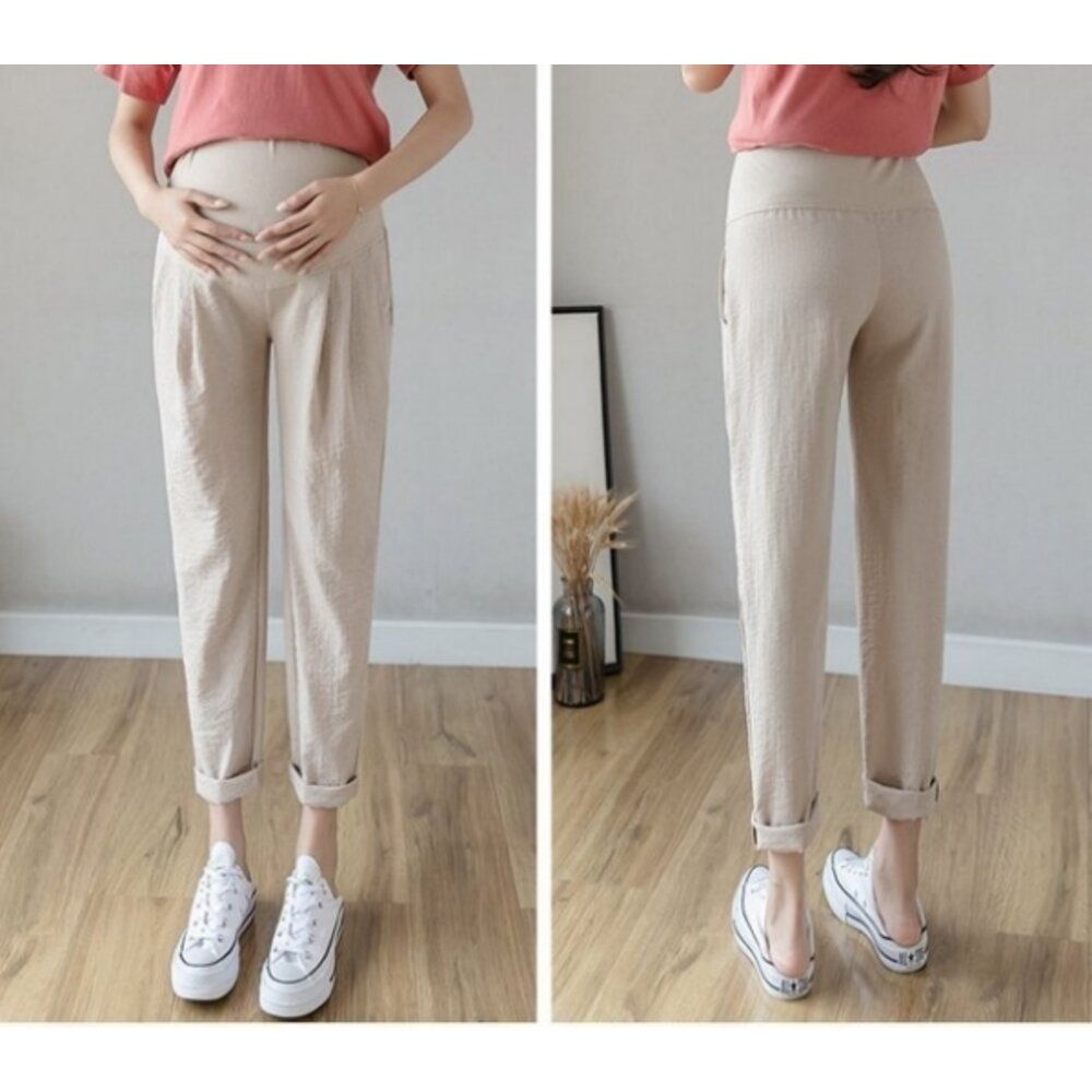 【P9004】 春夏 棉麻 托腹褲 純色 哈倫褲 M-XXL 孕婦 高腰 托腹褲 九分褲-圖片-8