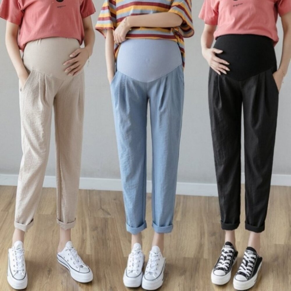 【P9004】春夏棉麻托腹褲純色哈倫褲M-XXL孕婦高腰托腹褲九分褲