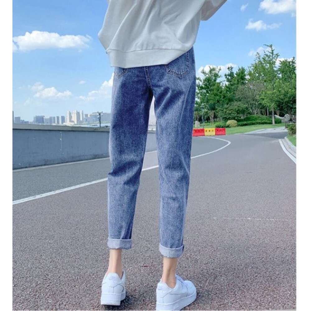 【P9203】 秋冬 牛仔 老爺褲 孕婦 高腰 藍色 托腹 布 寬鬆 孕婦 長褲 男友褲 孕婦牛仔褲-圖片-2