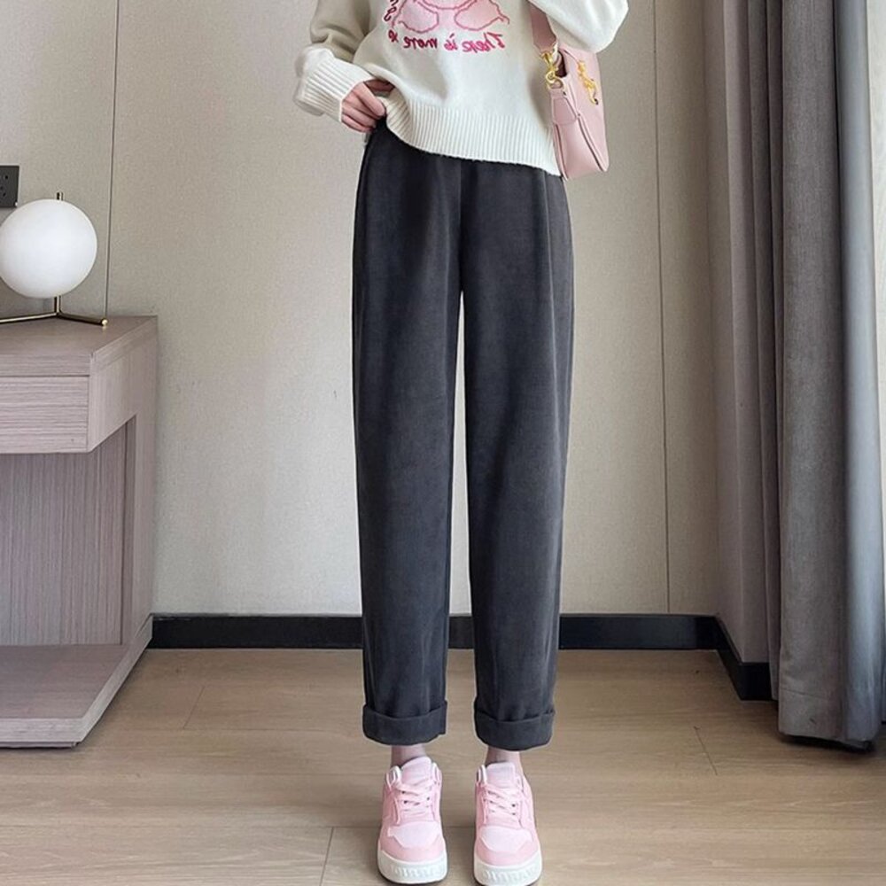 【P9212】秋冬 加厚 保暖 孕婦 老爺褲 高腰 九分褲 寬鬆 托腹褲 韓系 哈倫褲-圖片-1