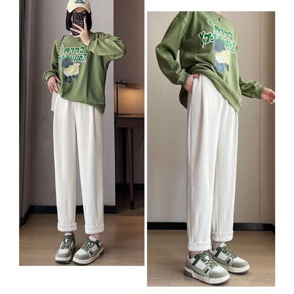 【P9212】秋冬 加厚 保暖 孕婦 老爺褲 高腰 九分褲 寬鬆 托腹褲 韓系 哈倫褲-圖片-2