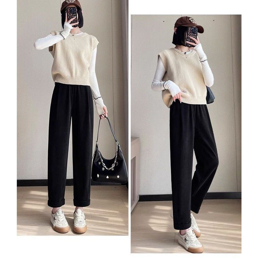 【P9212】秋冬 加厚 保暖 孕婦 老爺褲 高腰 九分褲 寬鬆 托腹褲 韓系 哈倫褲-圖片-3