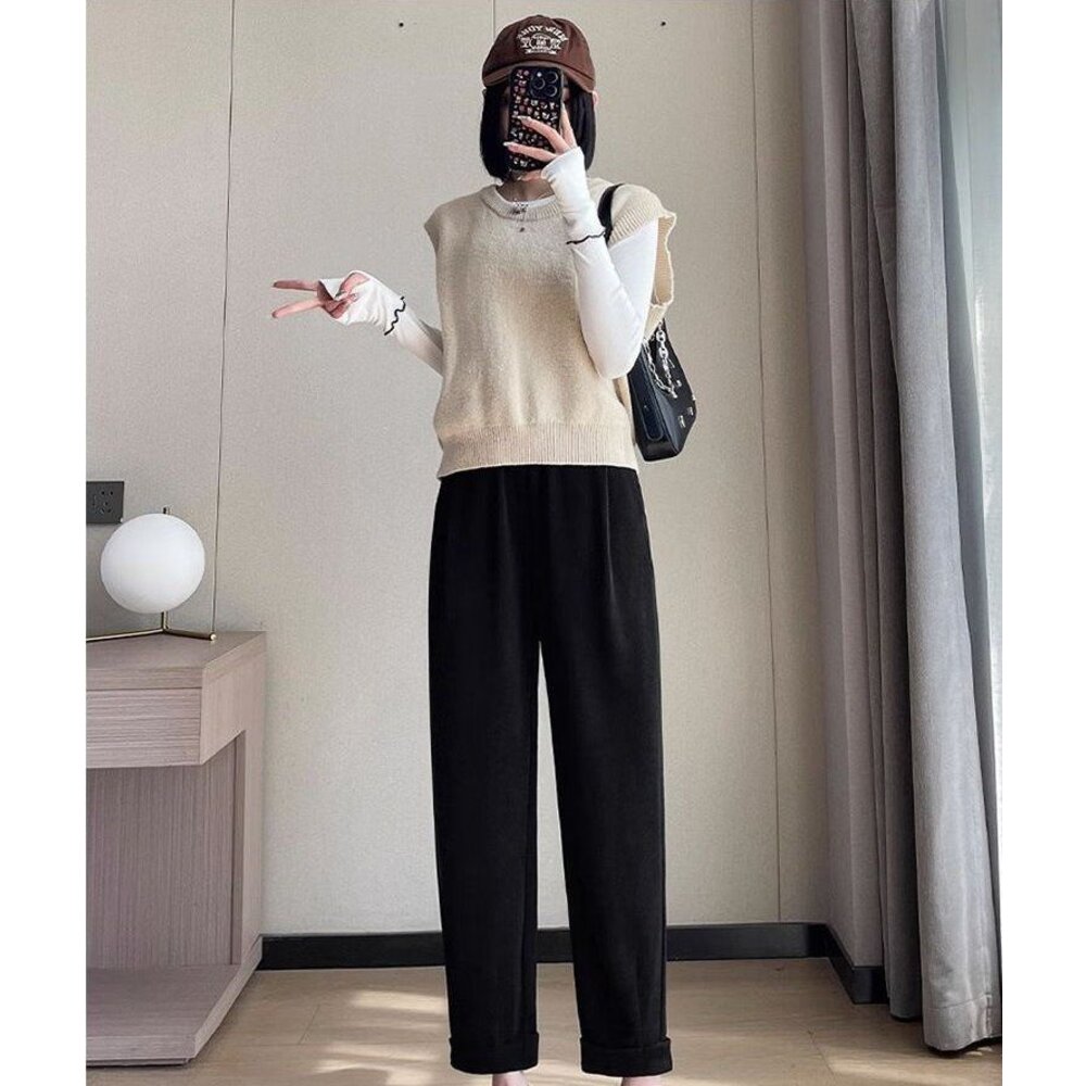 【P9212】秋冬 加厚 保暖 孕婦 老爺褲 高腰 九分褲 寬鬆 托腹褲 韓系 哈倫褲-圖片-6