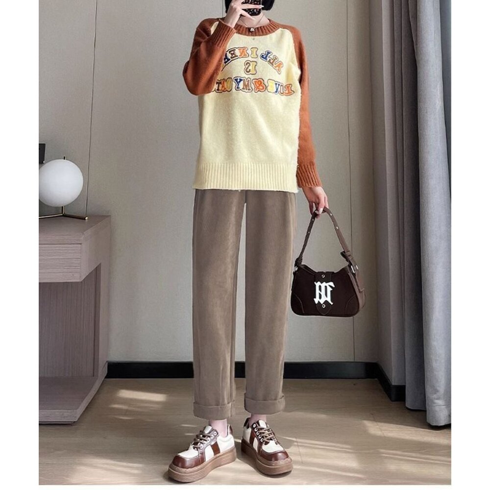 【P9212】秋冬 加厚 保暖 孕婦 老爺褲 高腰 九分褲 寬鬆 托腹褲 韓系 哈倫褲-圖片-9
