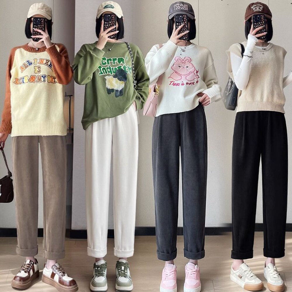 P9212-【P9212】秋冬 加厚 保暖 孕婦 老爺褲 高腰 九分褲 寬鬆 托腹褲 韓系 哈倫褲