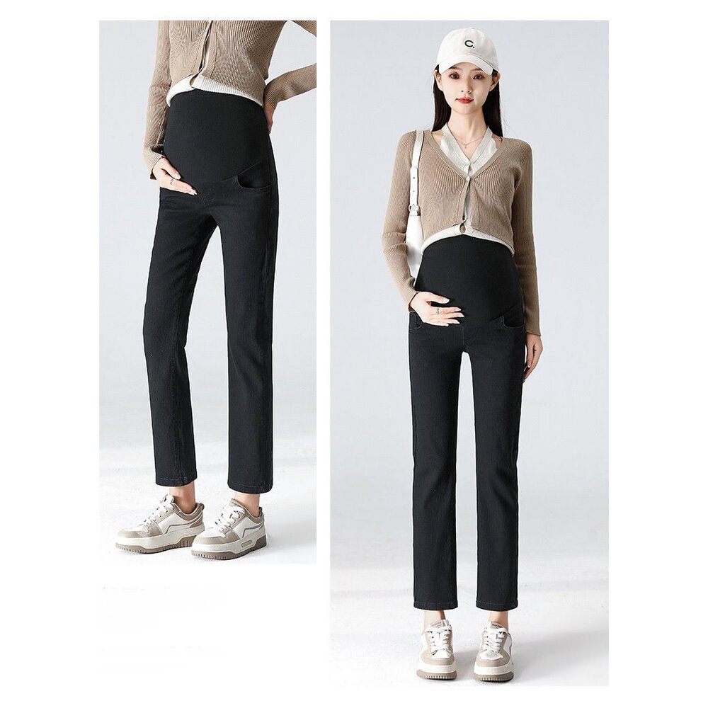 【P9228】 秋冬 高彈力 牛仔 烟管 孕婦 高腰 托腹褲 親膚 直筒 九分褲 孕婦褲 孕婦裝-圖片-1
