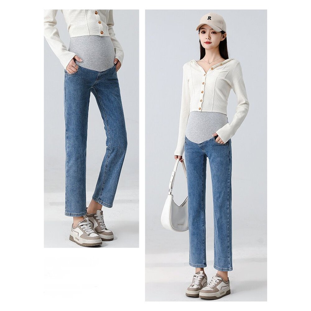 【P9228】 秋冬 高彈力 牛仔 烟管 孕婦 高腰 托腹褲 親膚 直筒 九分褲 孕婦褲 孕婦裝-圖片-2