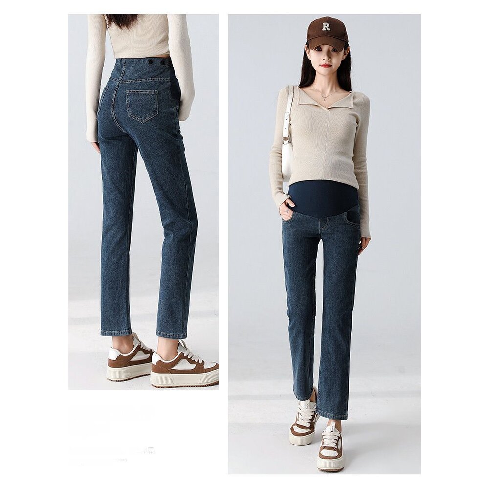 【P9228】 秋冬 高彈力 牛仔 烟管 孕婦 高腰 托腹褲 親膚 直筒 九分褲 孕婦褲 孕婦裝-圖片-6