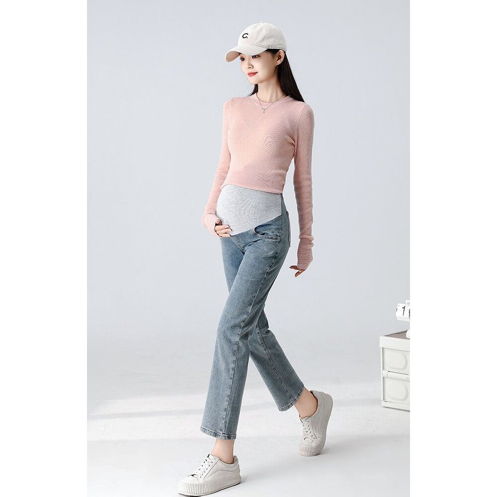 【P9228】 秋冬 高彈力 牛仔 烟管 孕婦 高腰 托腹褲 親膚 直筒 九分褲 孕婦褲 孕婦裝-圖片-7