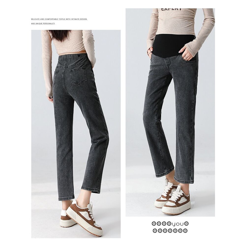 【P9228】 秋冬 高彈力 牛仔 烟管 孕婦 高腰 托腹褲 親膚 直筒 九分褲 孕婦褲 孕婦裝-圖片-8