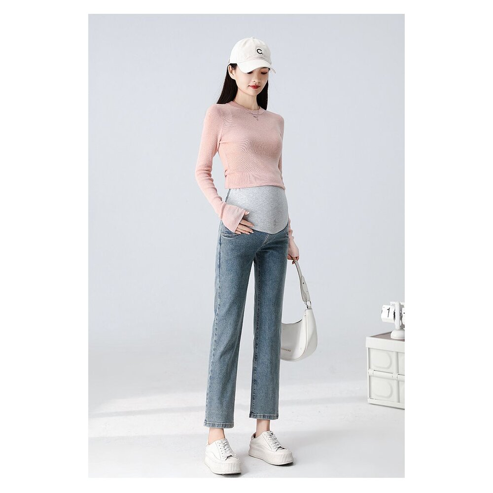 【P9228】 秋冬 高彈力 牛仔 烟管 孕婦 高腰 托腹褲 親膚 直筒 九分褲 孕婦褲 孕婦裝-圖片-9