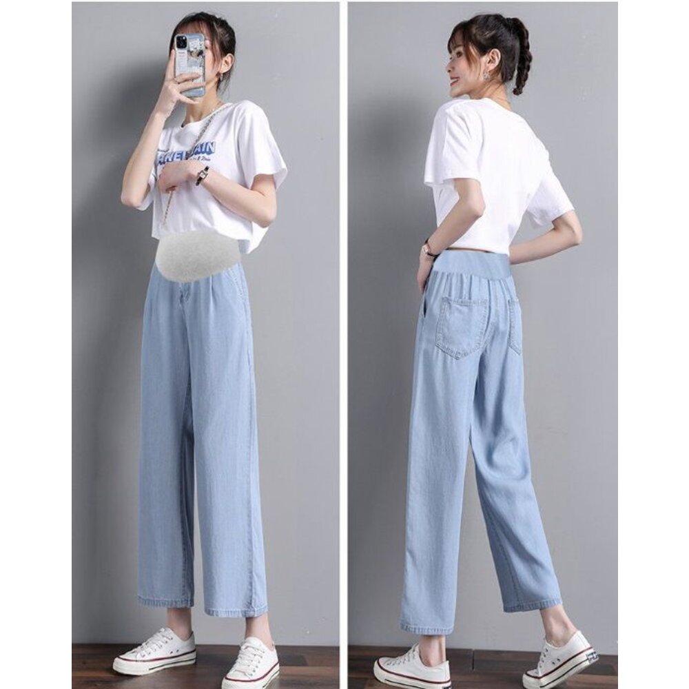 【P9261】 夏日 超薄 彈力 天絲牛仔棉 牛仔 爽滑 孕婦牛仔褲 牛仔托腹褲 休閒 寬鬆 孕婦褲-圖片-2
