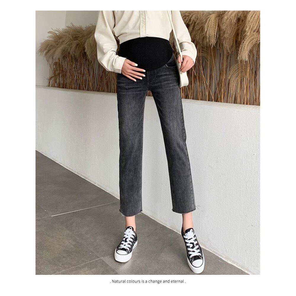 【P9288】 秋冬 孕婦 牛仔褲 烟管褲 孕婦 高腰 托腹褲 寬鬆 孕婦牛仔褲 九分褲 韓系 實拍-圖片-1