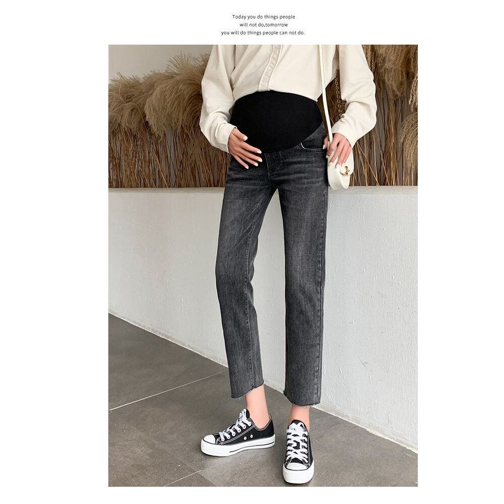 【P9288】 秋冬 孕婦 牛仔褲 烟管褲 孕婦 高腰 托腹褲 寬鬆 孕婦牛仔褲 九分褲 韓系 實拍-圖片-2