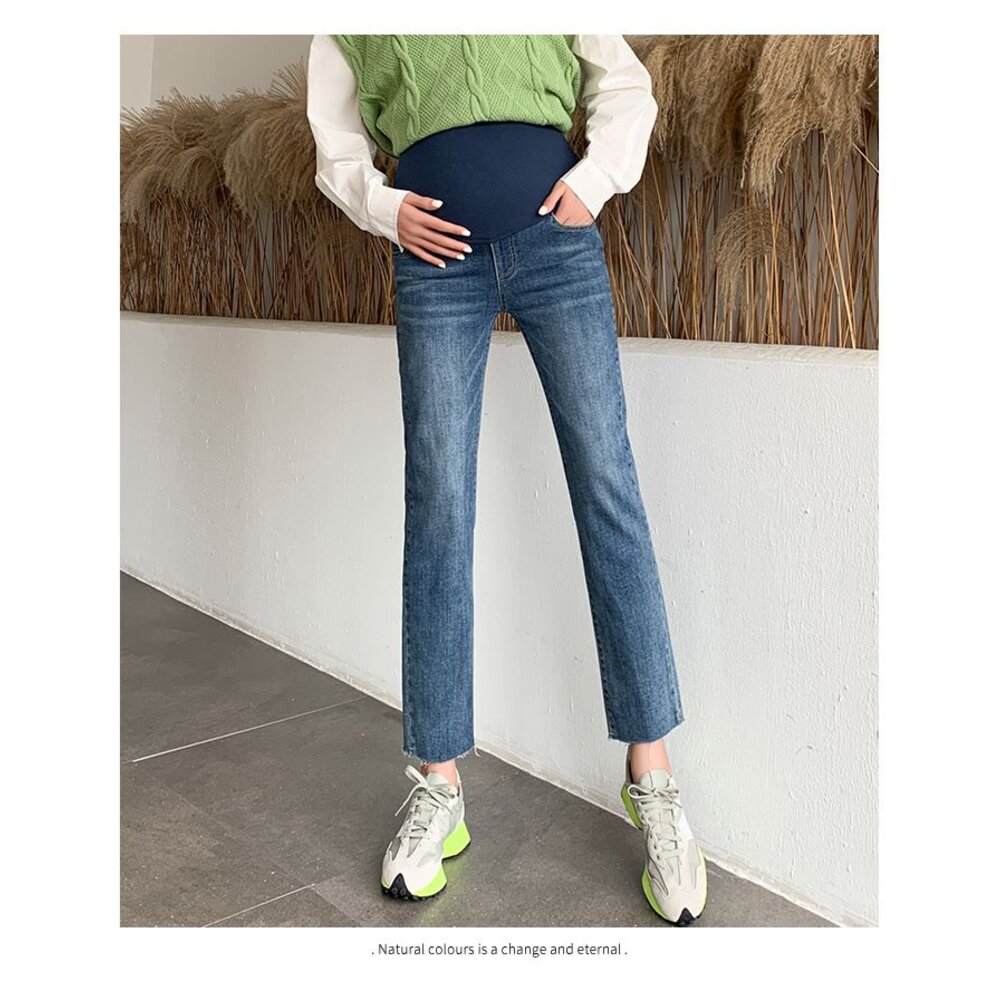 【P9288】 秋冬 孕婦 牛仔褲 烟管褲 孕婦 高腰 托腹褲 寬鬆 孕婦牛仔褲 九分褲 韓系 實拍-圖片-11