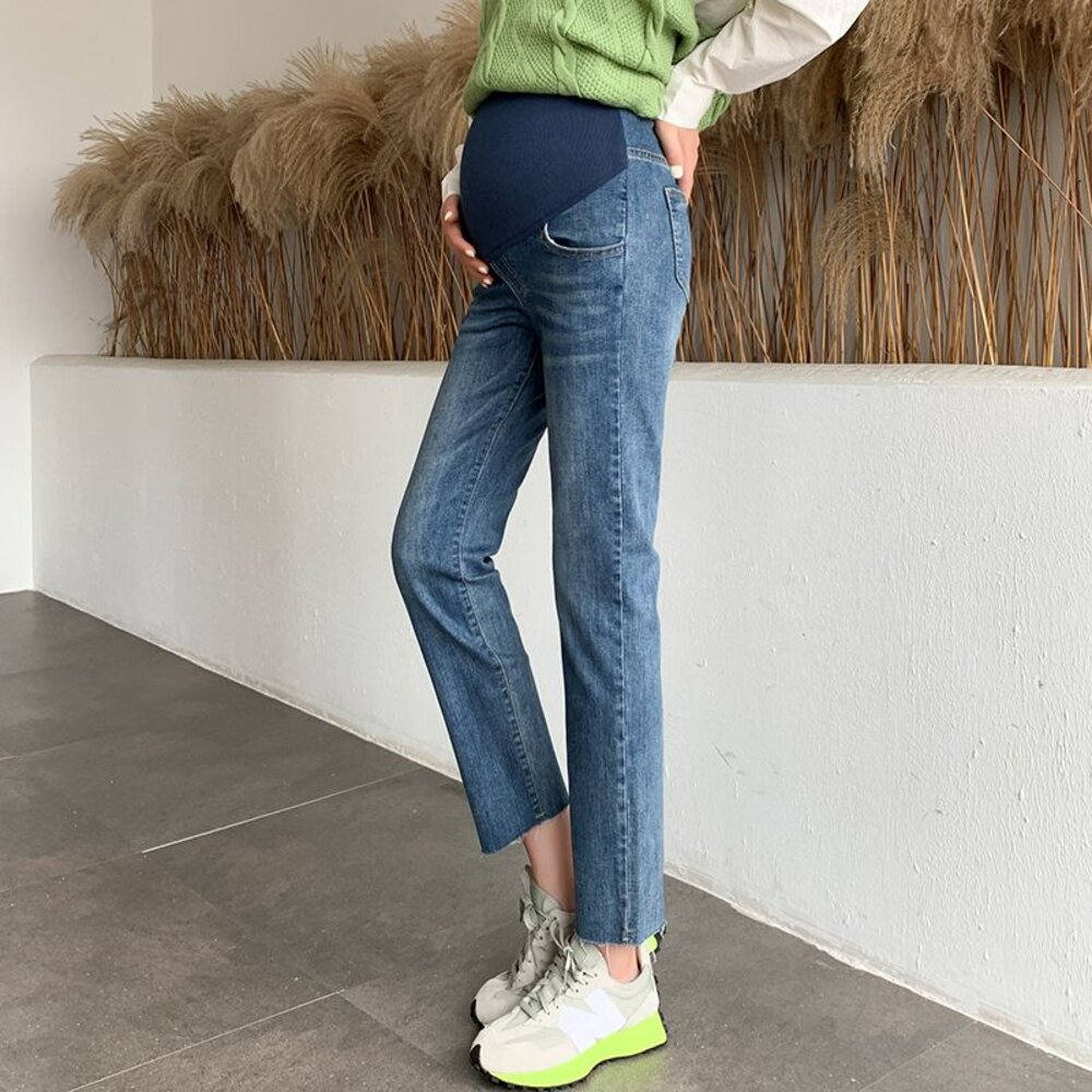 【P9288】 秋冬 孕婦 牛仔褲 烟管褲 孕婦 高腰 托腹褲 寬鬆 孕婦牛仔褲 九分褲 韓系 實拍-圖片-6