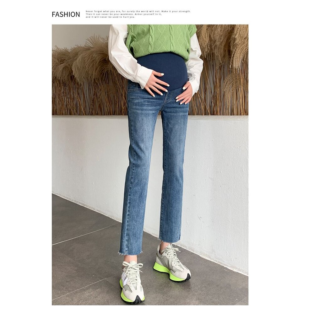 【P9288】 秋冬 孕婦 牛仔褲 烟管褲 孕婦 高腰 托腹褲 寬鬆 孕婦牛仔褲 九分褲 韓系 實拍-圖片-8