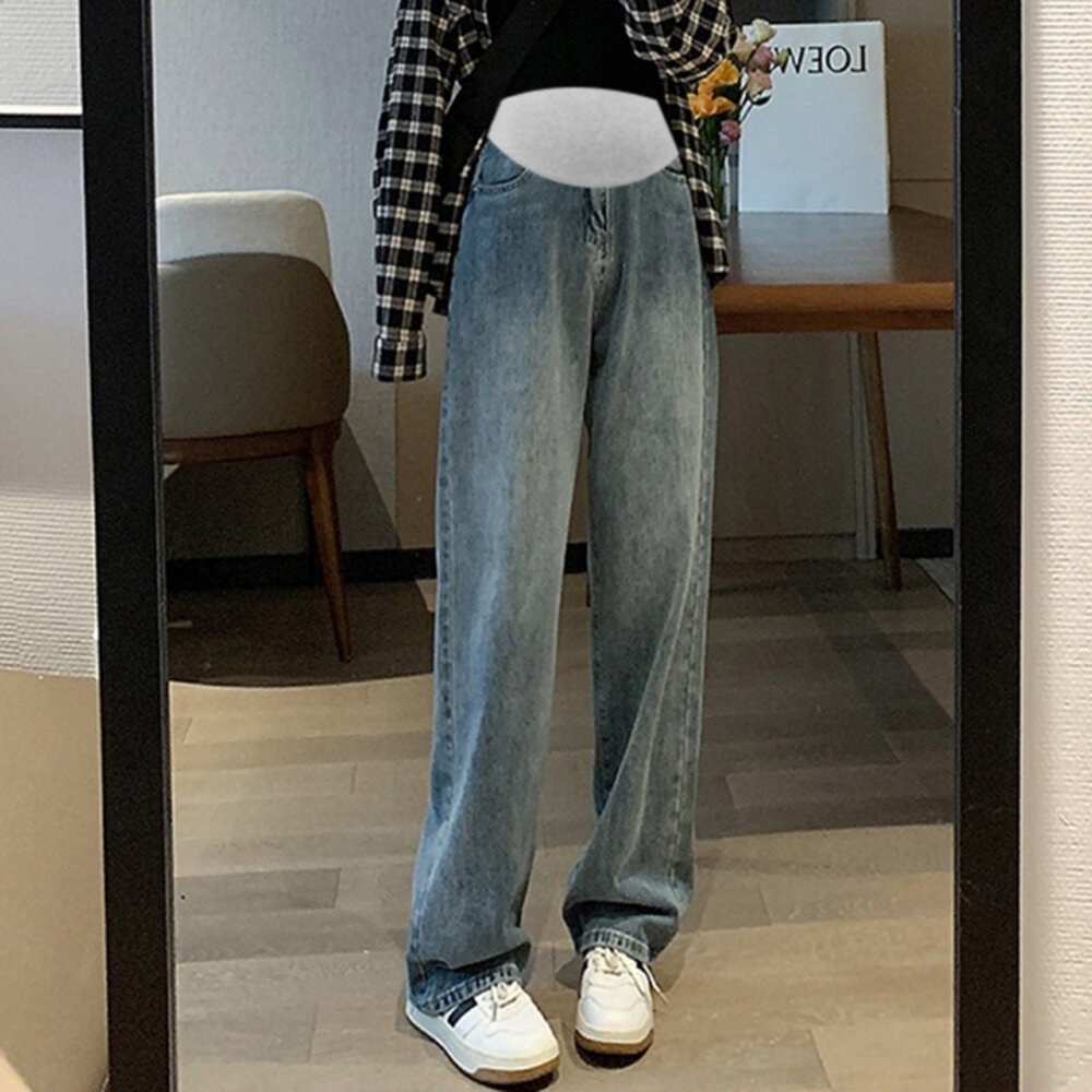 【P9513】 春秋 直筒 拖地褲 孕婦牛仔褲 牛仔高腰 托腹 長褲 孕婦褲-圖片-2