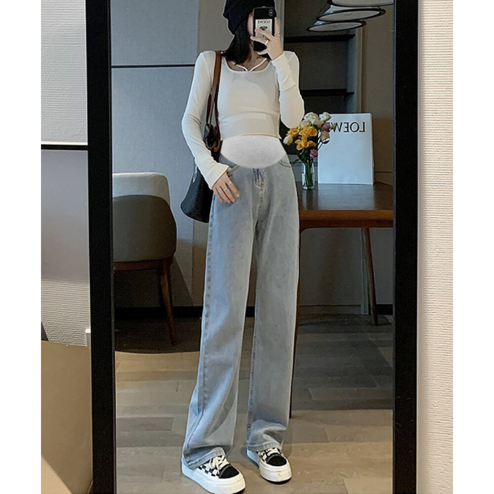 【P9513】 春秋 直筒 拖地褲 孕婦牛仔褲 牛仔高腰 托腹 長褲 孕婦褲-圖片-3