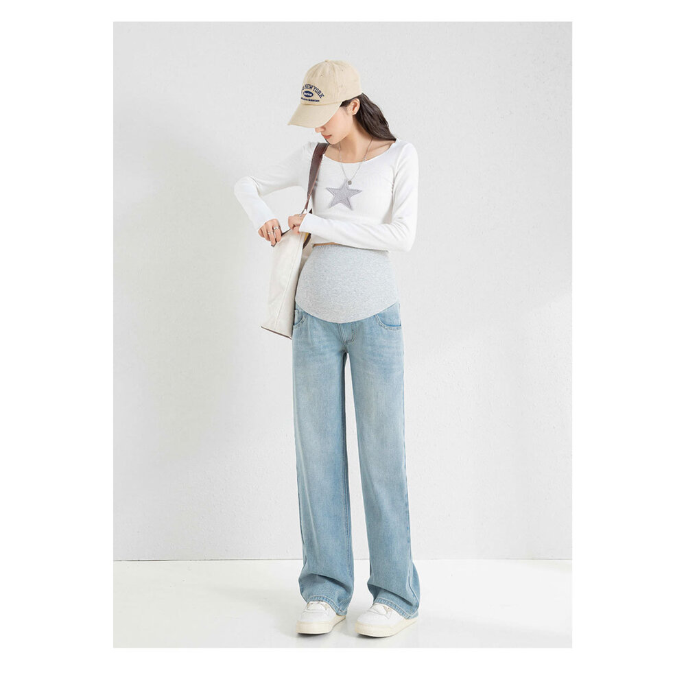 【P9513】 春秋 直筒 拖地褲 孕婦牛仔褲 牛仔高腰 托腹 長褲 孕婦褲-圖片-4