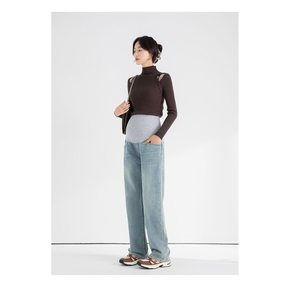 【P9513】 春秋 直筒 拖地褲 孕婦牛仔褲 牛仔高腰 托腹 長褲 孕婦褲-圖片-5