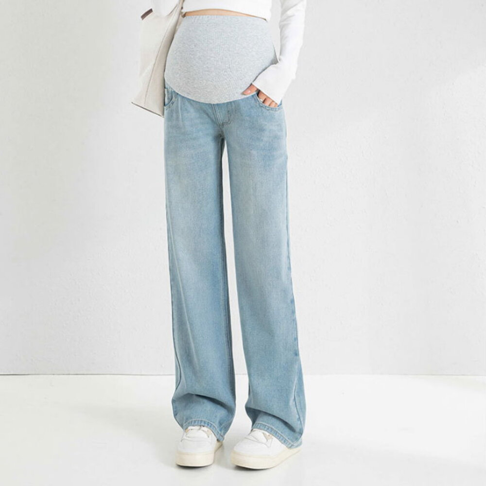 【P9513】 春秋 直筒 拖地褲 孕婦牛仔褲 牛仔高腰 托腹 長褲 孕婦褲-圖片-6