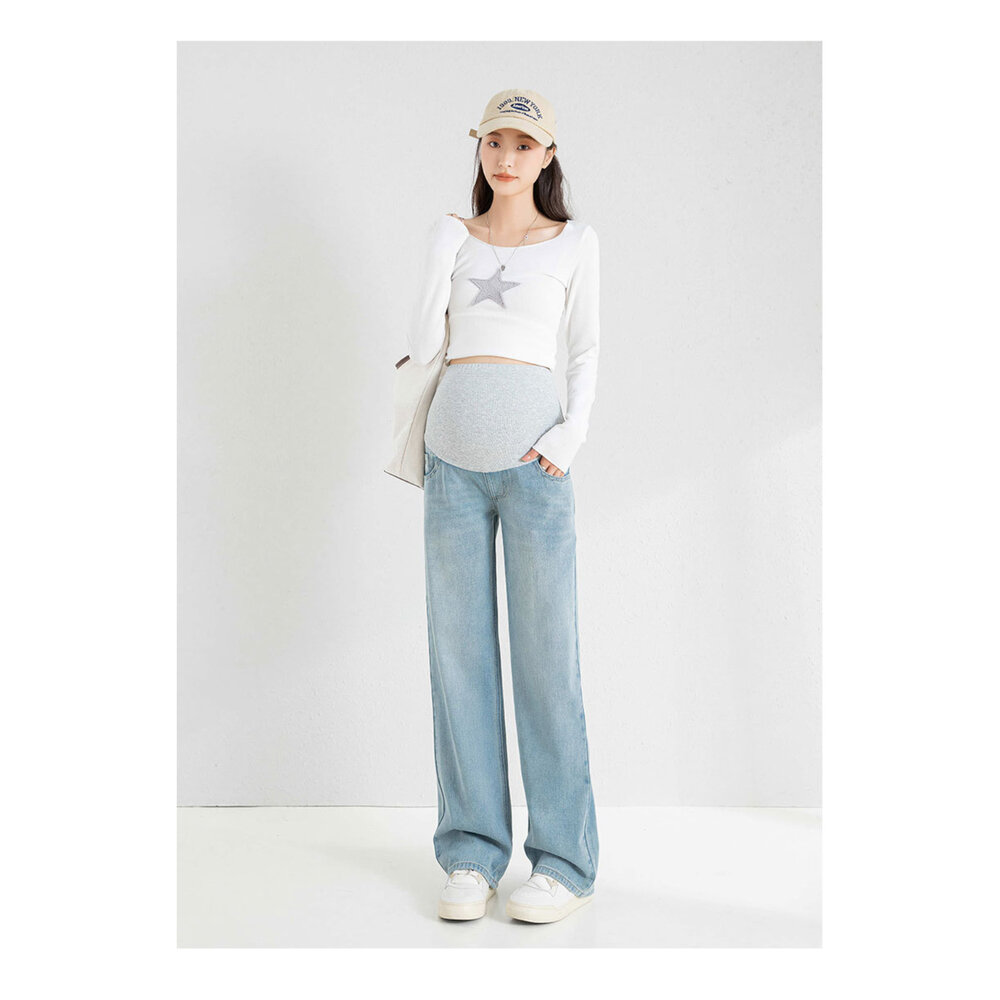 【P9513】 春秋 直筒 拖地褲 孕婦牛仔褲 牛仔高腰 托腹 長褲 孕婦褲-圖片-7