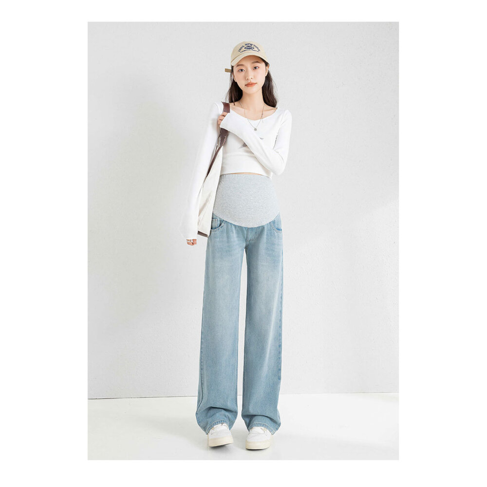 【P9513】 春秋 直筒 拖地褲 孕婦牛仔褲 牛仔高腰 托腹 長褲 孕婦褲-圖片-8