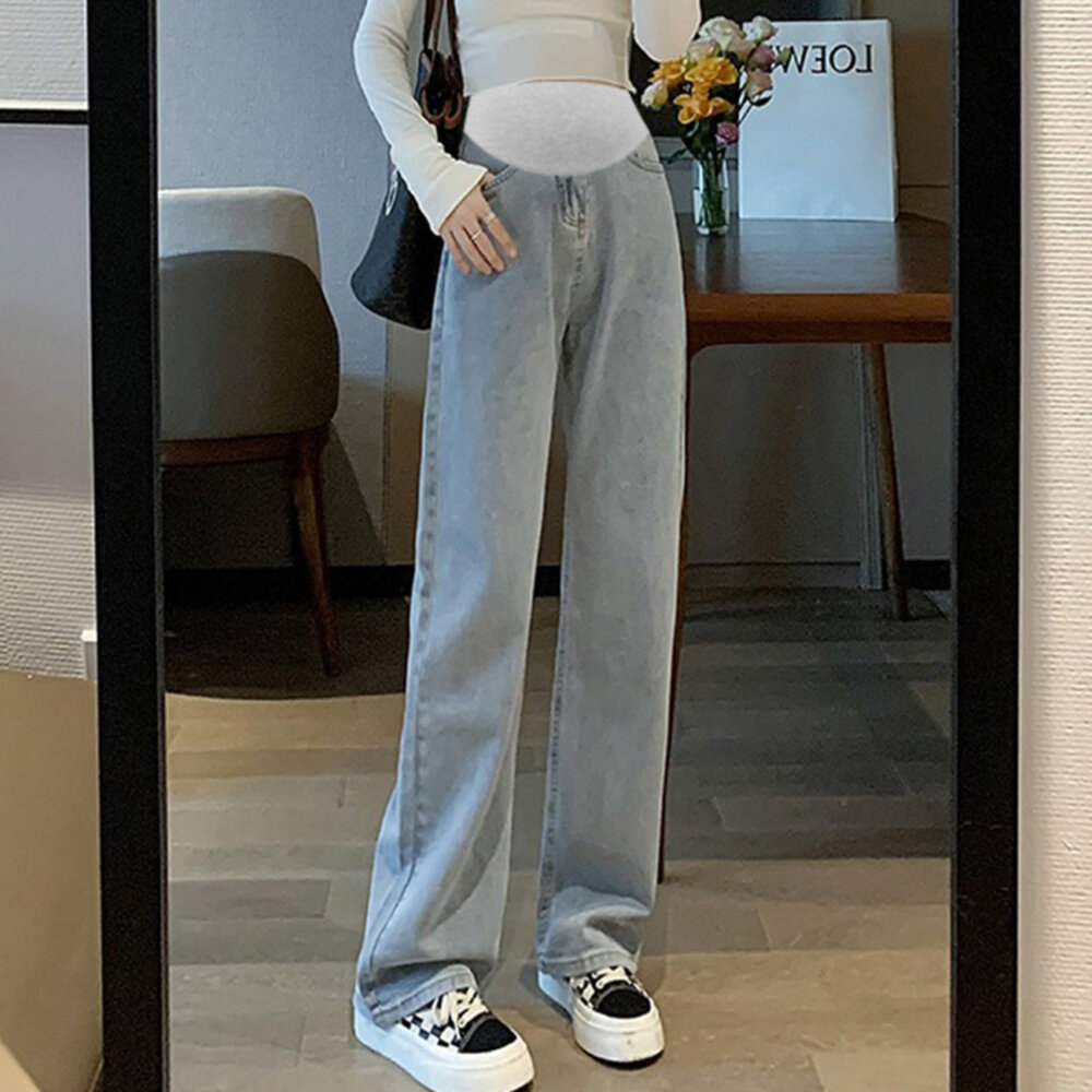 【P9513】 春秋 直筒 拖地褲 孕婦牛仔褲 牛仔高腰 托腹 長褲 孕婦褲 封面照片