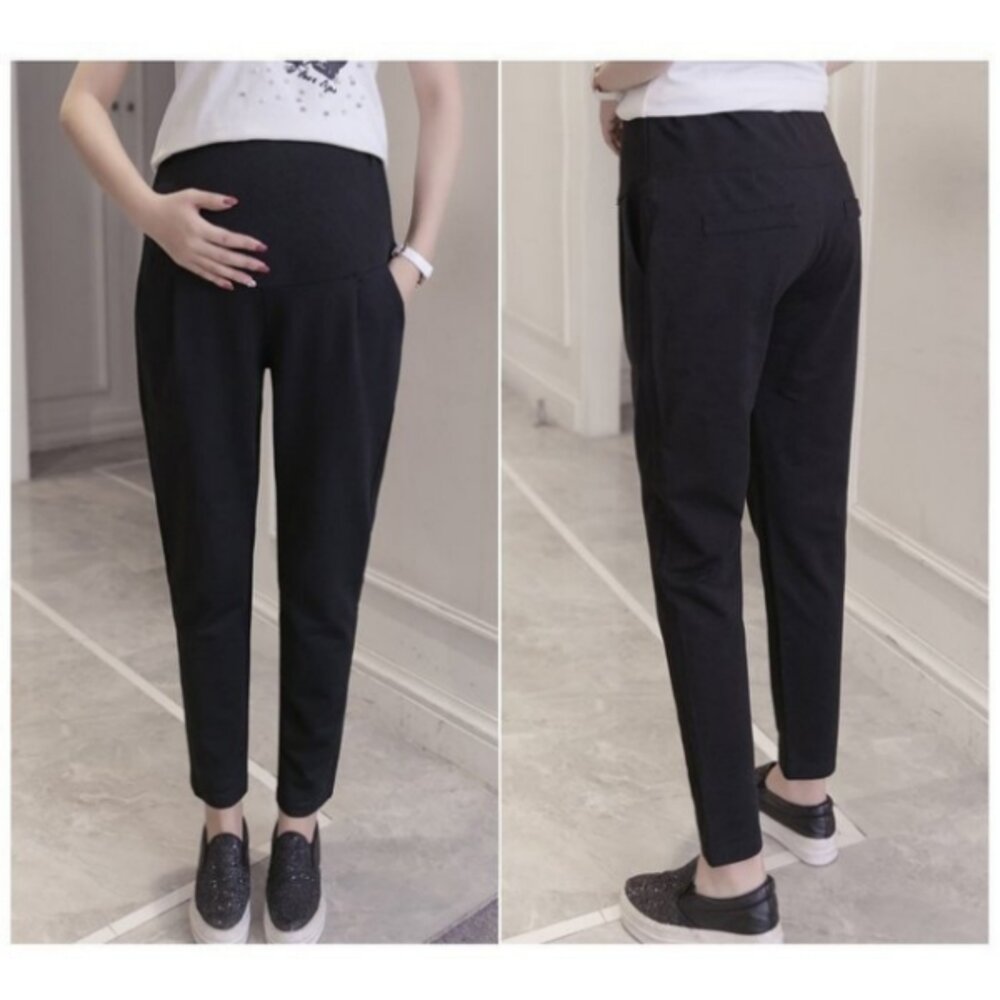 【P9690】 春夏 黑色 托腹褲 寬鬆 舒適 高腰 托腹 哈倫褲 孕婦托腹褲 孕婦褲 老爺褲 韓系-圖片-1