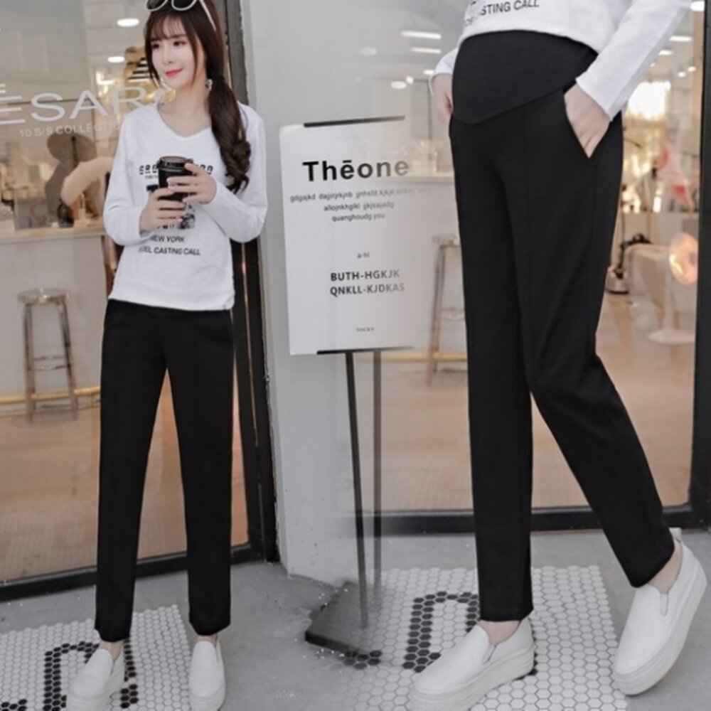 【P9703】 秋冬 黑色 托腹褲 寬鬆 彈力 老爺褲 九分褲 哈倫褲 孕婦 高腰托腹褲 孕婦裝 韓系 封面照片