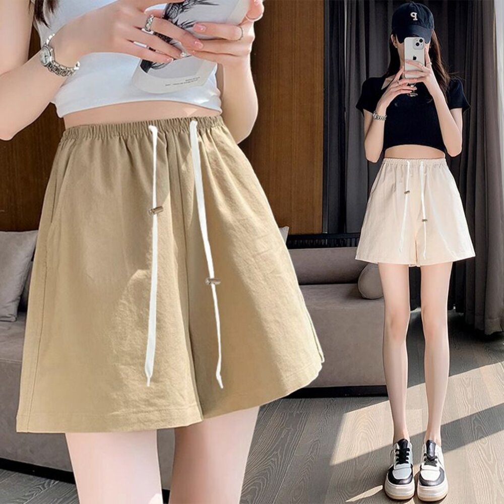 【PP1935】 夏日 涼爽 褲裙 棉麻 A字 鬆緊 高腰 休閒短褲 口袋 實拍｜女裝 封面照片