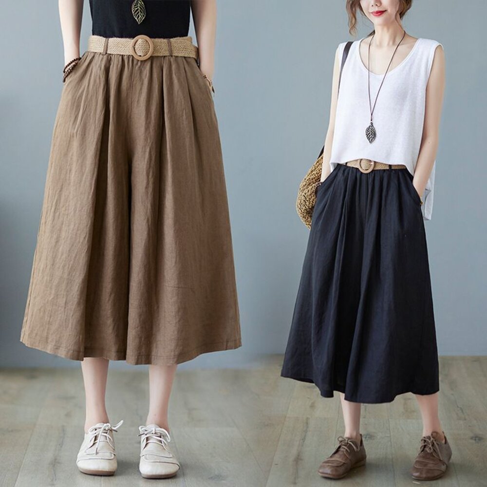 【PP6198】 夏日 文藝 棉麻 七分褲 裙褲 寬鬆 半身 褲裙 實拍 寬褲-圖片-1