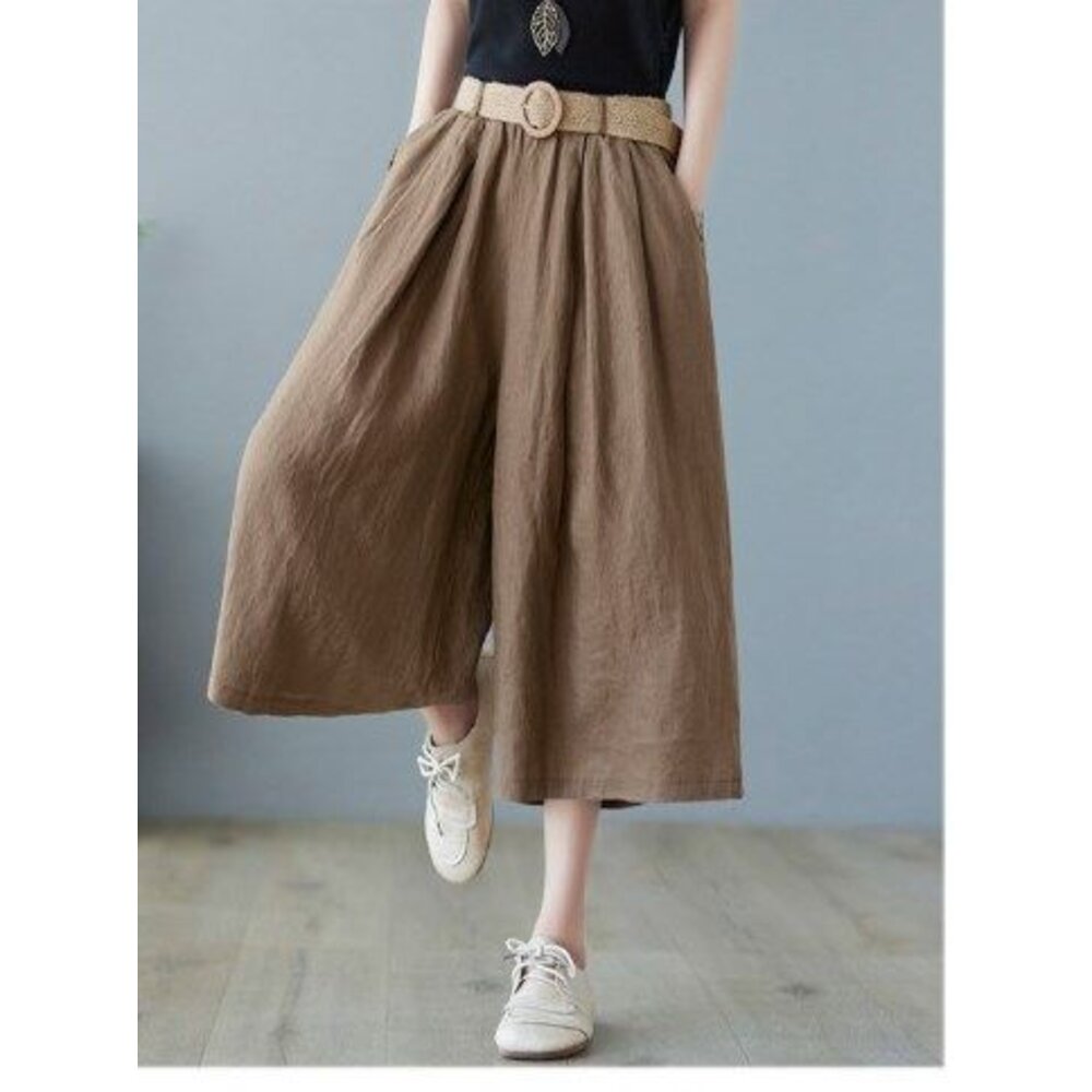 【PP6198】 夏日 文藝 棉麻 七分褲 裙褲 寬鬆 半身 褲裙 實拍 寬褲-圖片-4