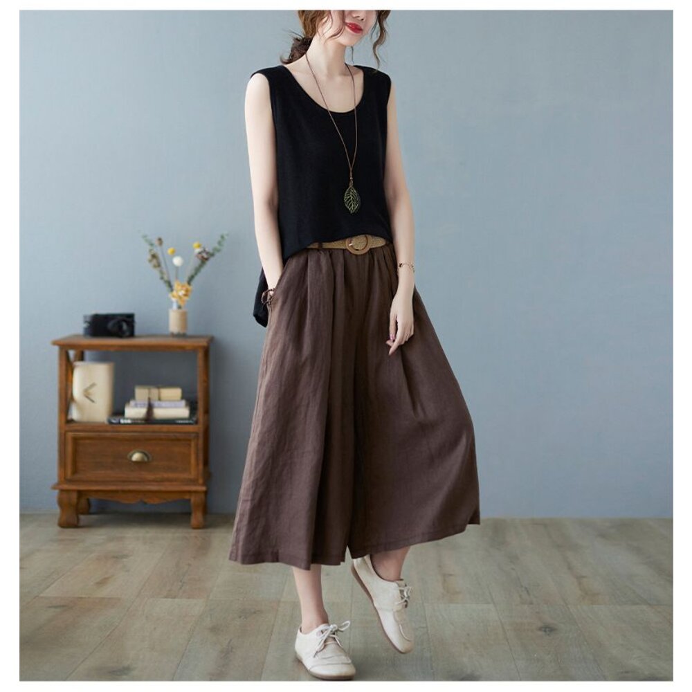 【PP6198】 夏日 文藝 棉麻 七分褲 裙褲 寬鬆 半身 褲裙 實拍 寬褲-圖片-7