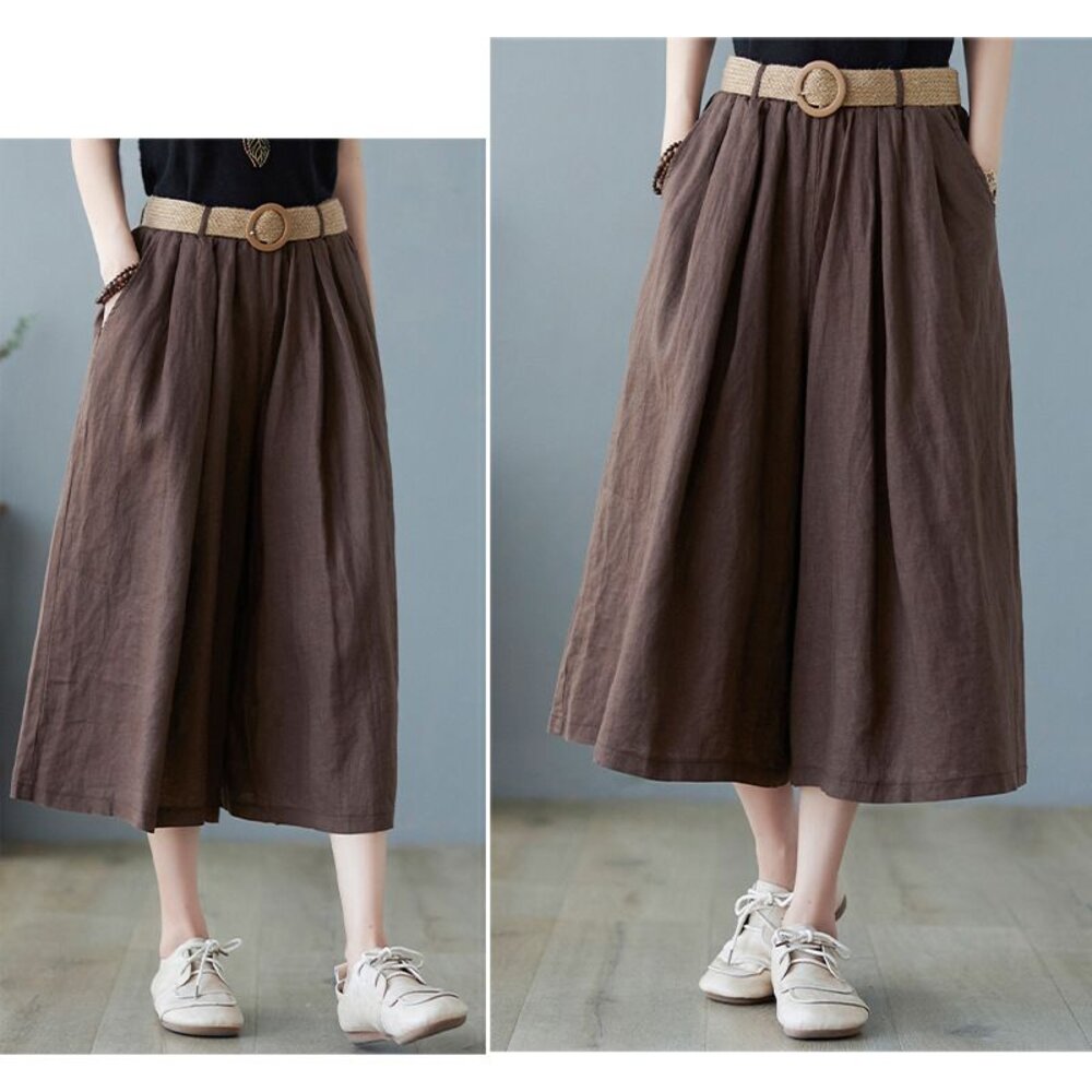 【PP6198】 夏日 文藝 棉麻 七分褲 裙褲 寬鬆 半身 褲裙 實拍 寬褲-圖片-8