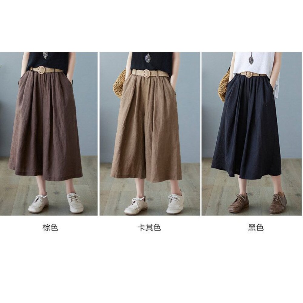 【PP6198】 夏日 文藝 棉麻 七分褲 裙褲 寬鬆 半身 褲裙 實拍 寬褲-圖片-9