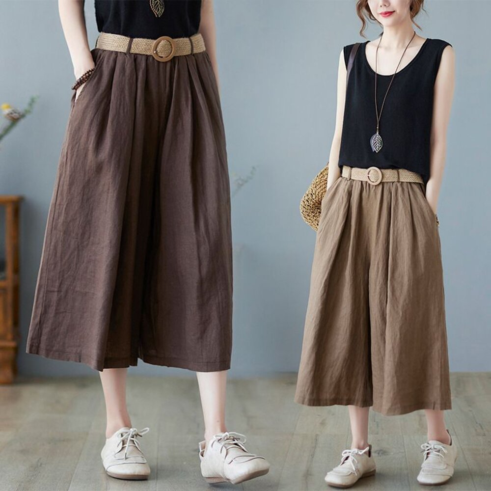 PP6198-【PP6198】 夏日 文藝 棉麻 七分褲 裙褲 寬鬆 半身 褲裙  實拍 寬褲