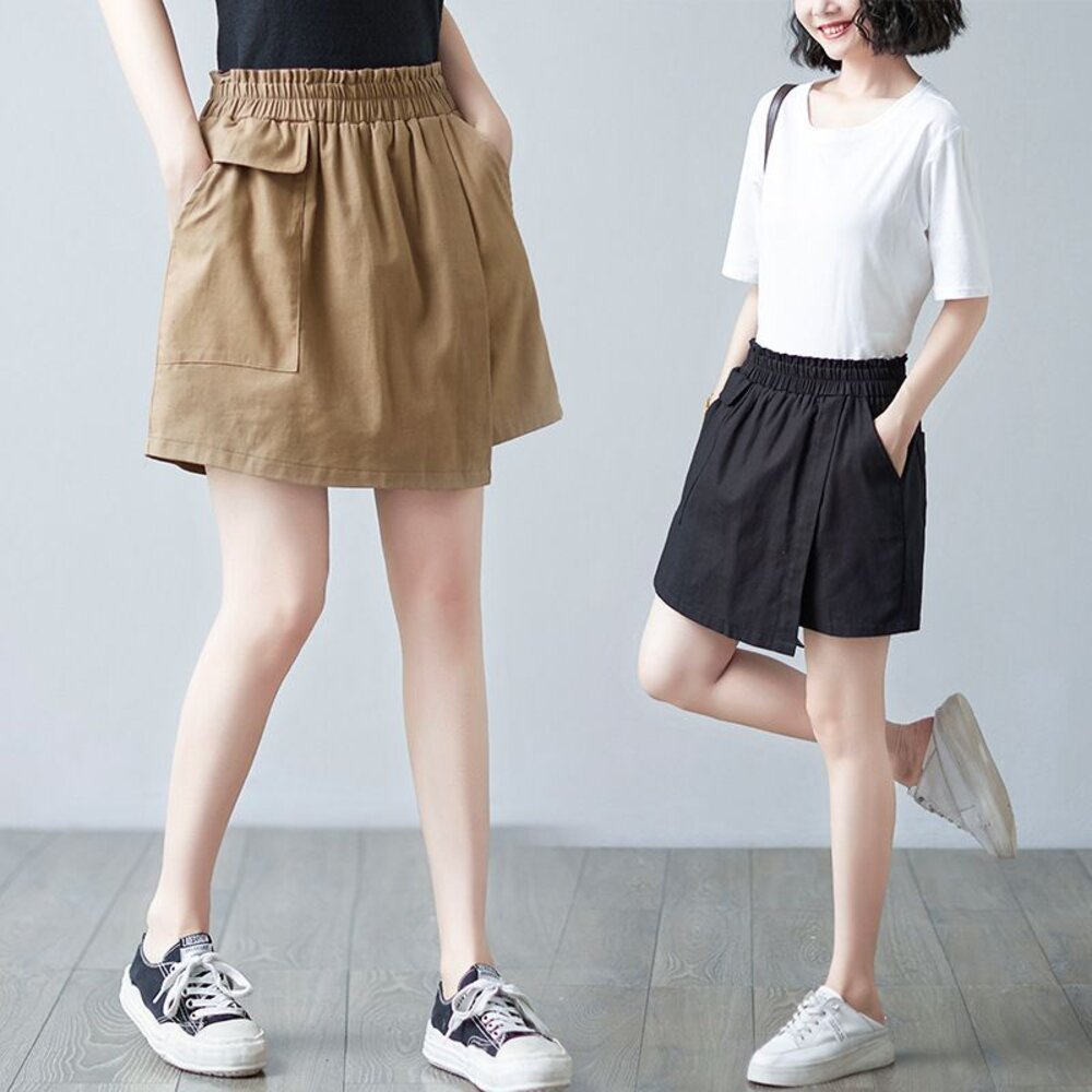 PP7868-【PP7868】 夏日 中大尺碼 褲裙 棉麻 文藝 休閒短褲 裙褲 口袋  實拍｜女裝