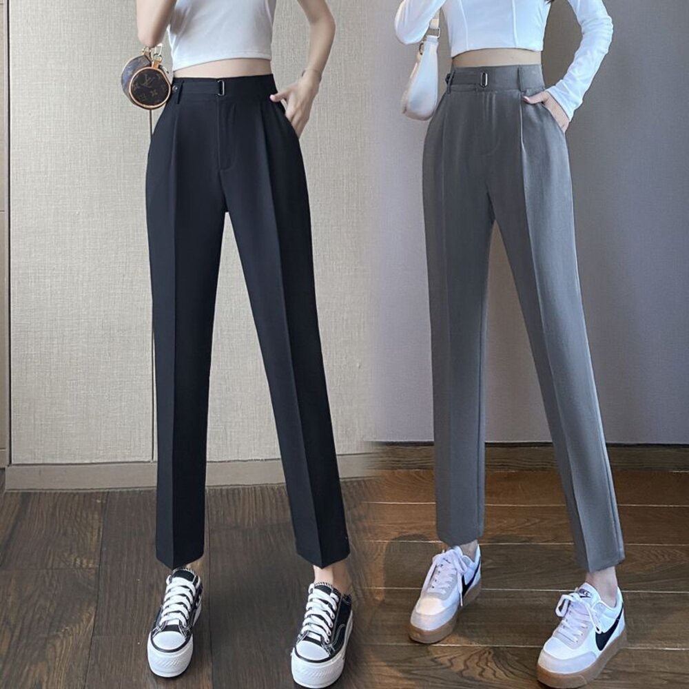 【PP9953】 春夏 九分褲 西裝褲 薄款 休閒褲 上班褲 OL 開叉 修身 顯瘦 烟管褲 哈倫褲|女裝 -圖片-1