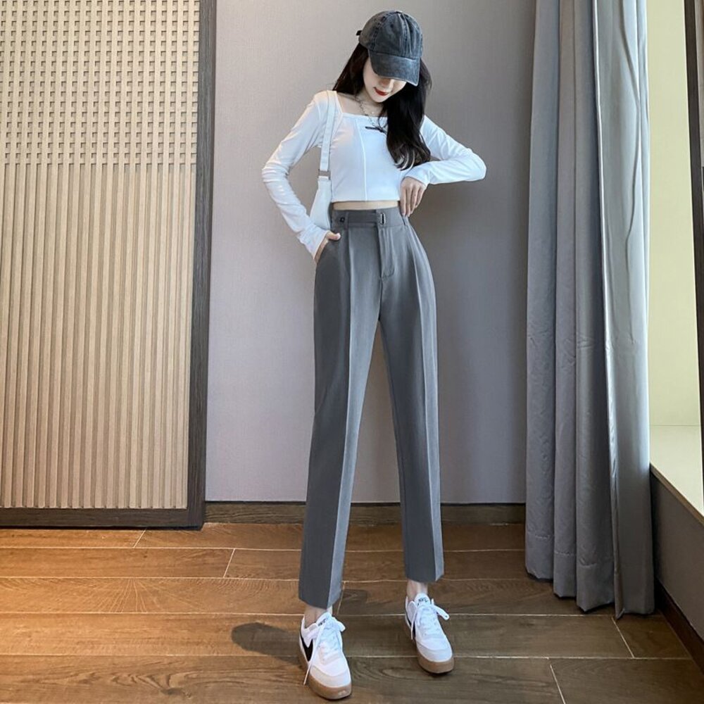 【PP9953】 春夏 九分褲 西裝褲 薄款 休閒褲 上班褲 OL 開叉 修身 顯瘦 烟管褲 哈倫褲|女裝 -圖片-4