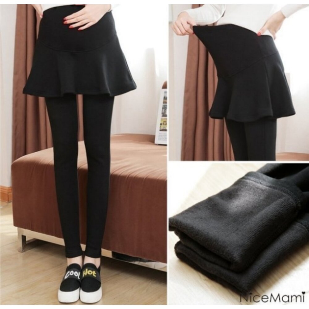 【PPW2008UK】 冬日 假兩件 托腹 褲裙 褲裙 純棉 加絨 孕婦托腹褲 長褲 高腰 可調腰圍-圖片-1