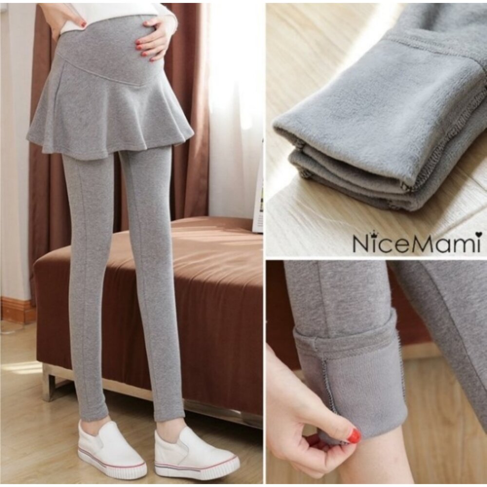 【PPW2008UK】 冬日 假兩件 托腹 褲裙 褲裙 純棉 加絨 孕婦托腹褲 長褲 高腰 可調腰圍-圖片-3