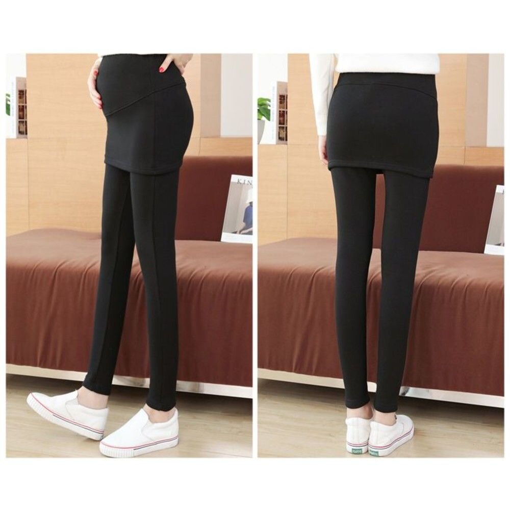 【PPW2008UK】 冬日 假兩件 托腹 褲裙 褲裙 純棉 加絨 孕婦托腹褲 長褲 高腰 可調腰圍-圖片-5