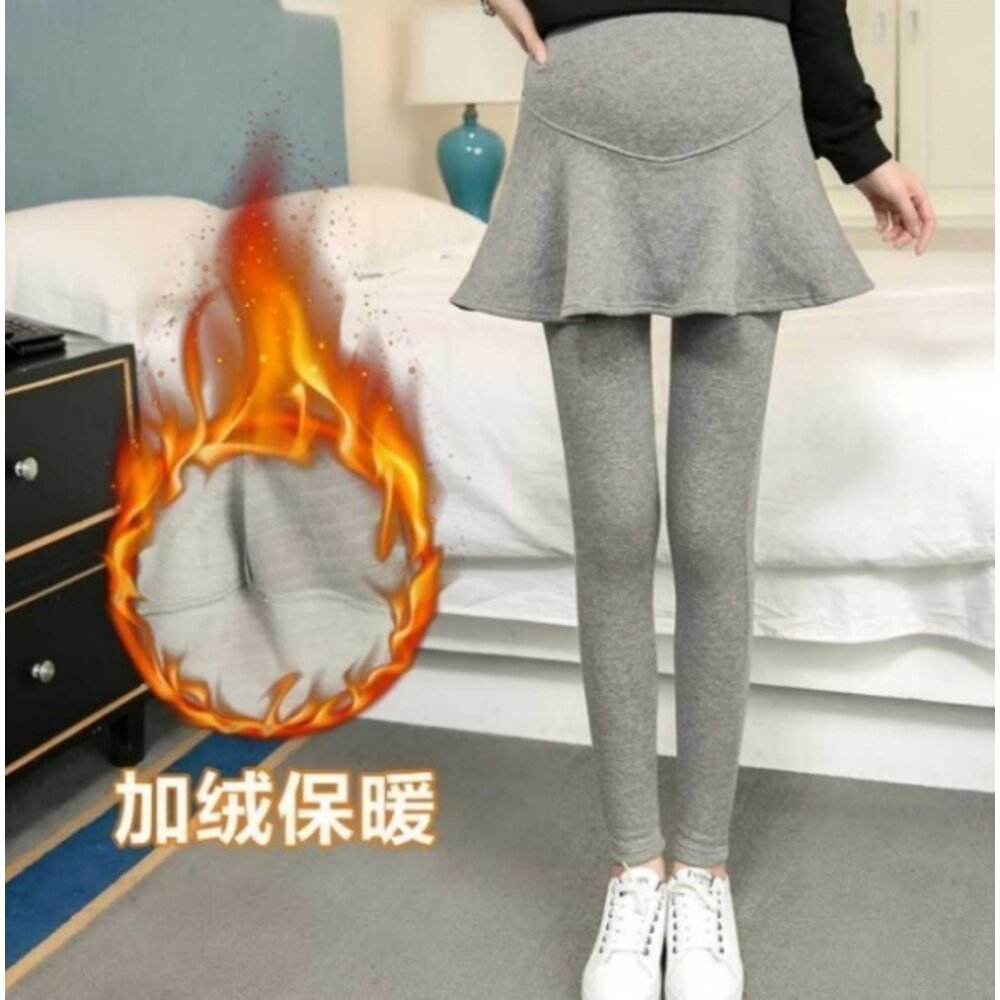 【PPW2008UK】 冬日 假兩件 托腹 褲裙 褲裙 純棉 加絨 孕婦托腹褲 長褲 高腰 可調腰圍-圖片-7