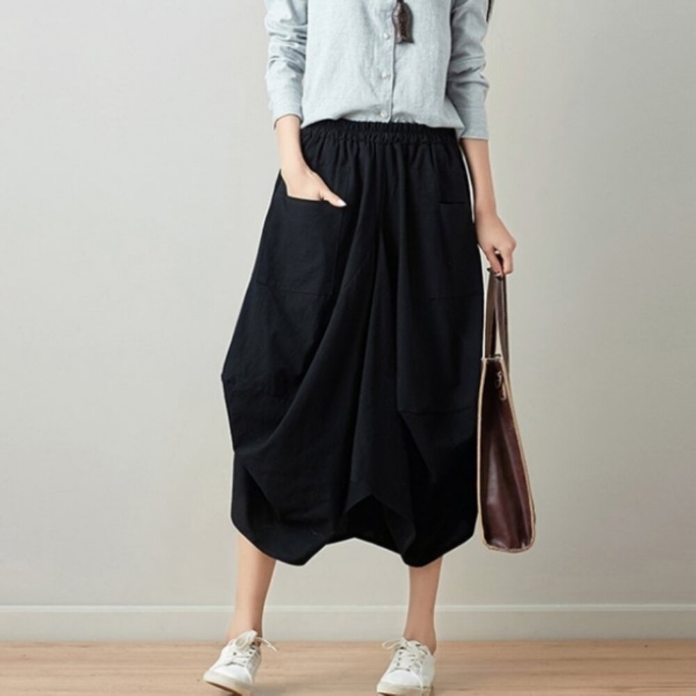 S3131-【S3131】 春夏 花苞 長裙燈籠裙 棉麻 純色 口袋不規則 原創設計｜女裝