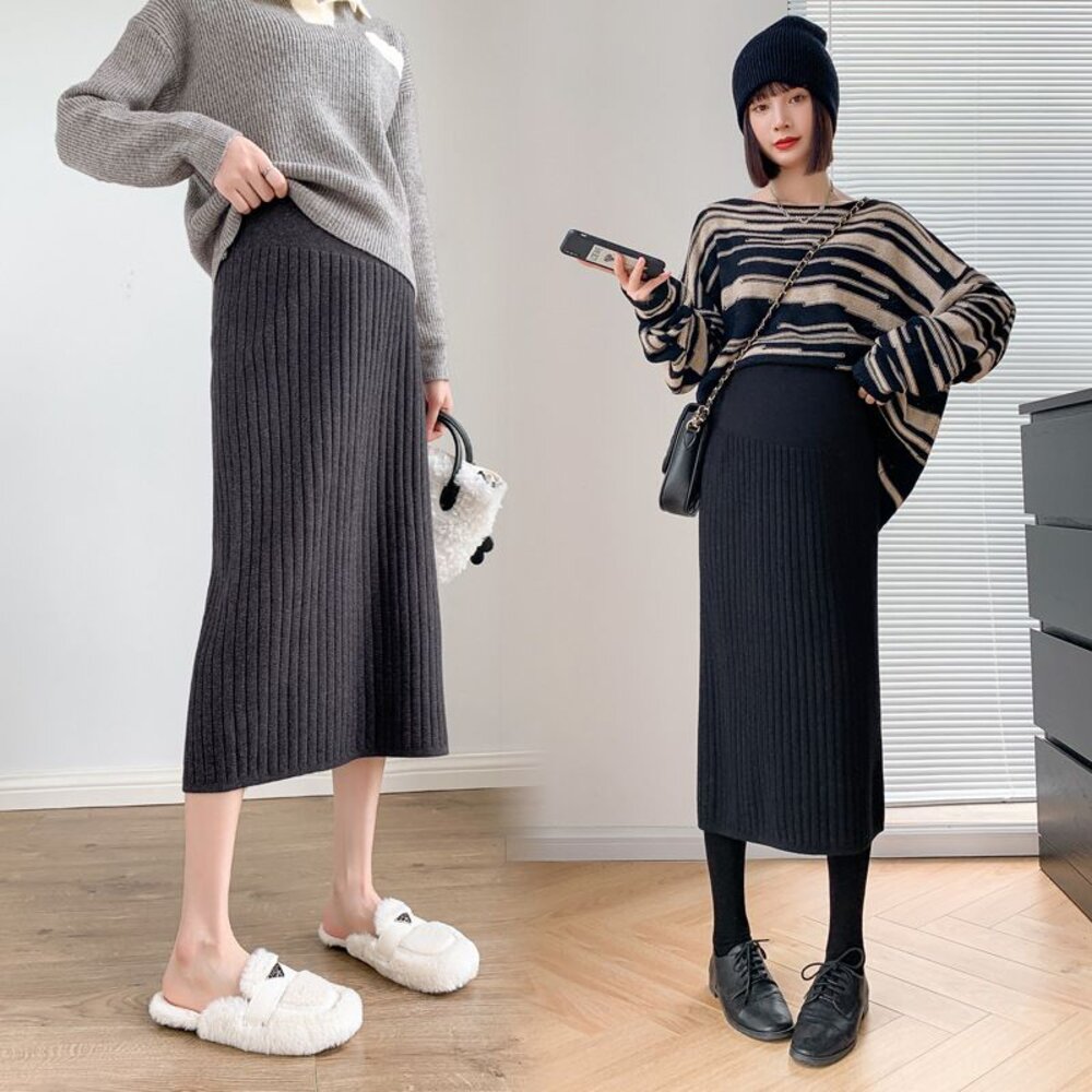 【S5503】 秋冬 針織 高腰 開叉 保暖 孕婦裝 長裙 托腹 孕婦裙 針織裙 托腹裙 實拍 封面照片