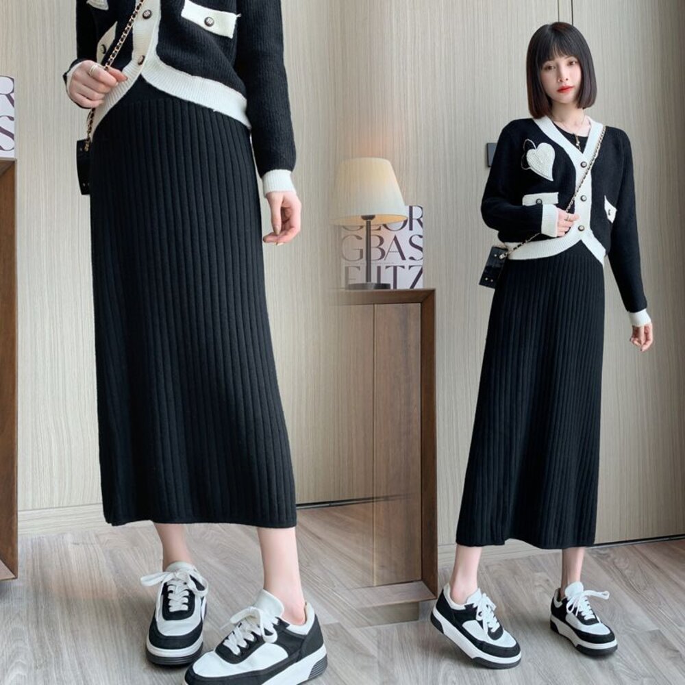 S5575-【S5575】 秋冬 孕婦 坑條 針織裙 托腹 針織 半身裙 韓系 顯瘦 孕婦裝 長裙 包臀 毛線裙