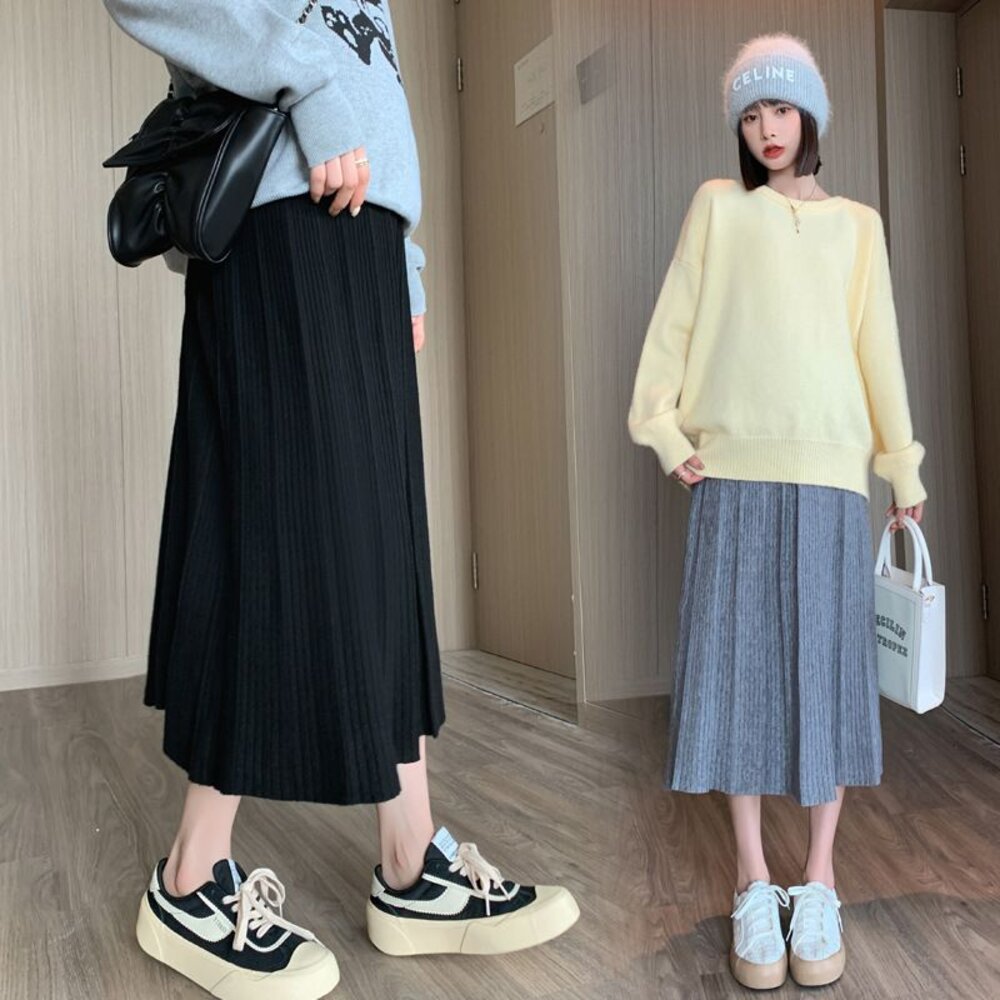 S5581-【S5581】 秋冬 針織 半身裙 A字裙 高腰 顯瘦 長裙 托腹 孕婦 實拍